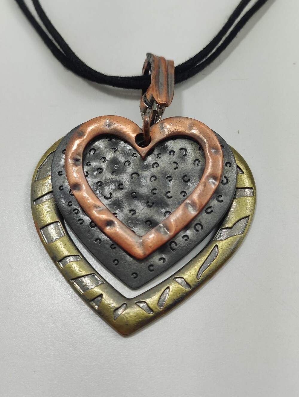 Mixed Metal Triple Heart Magnetic Pendant Boho Statement Cord Necklace